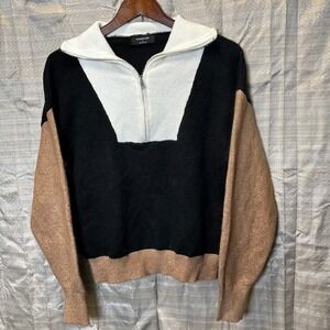 The Work Shop Colorblock Quarter Zip Knit Sweater Black White Tan Size S Cropped